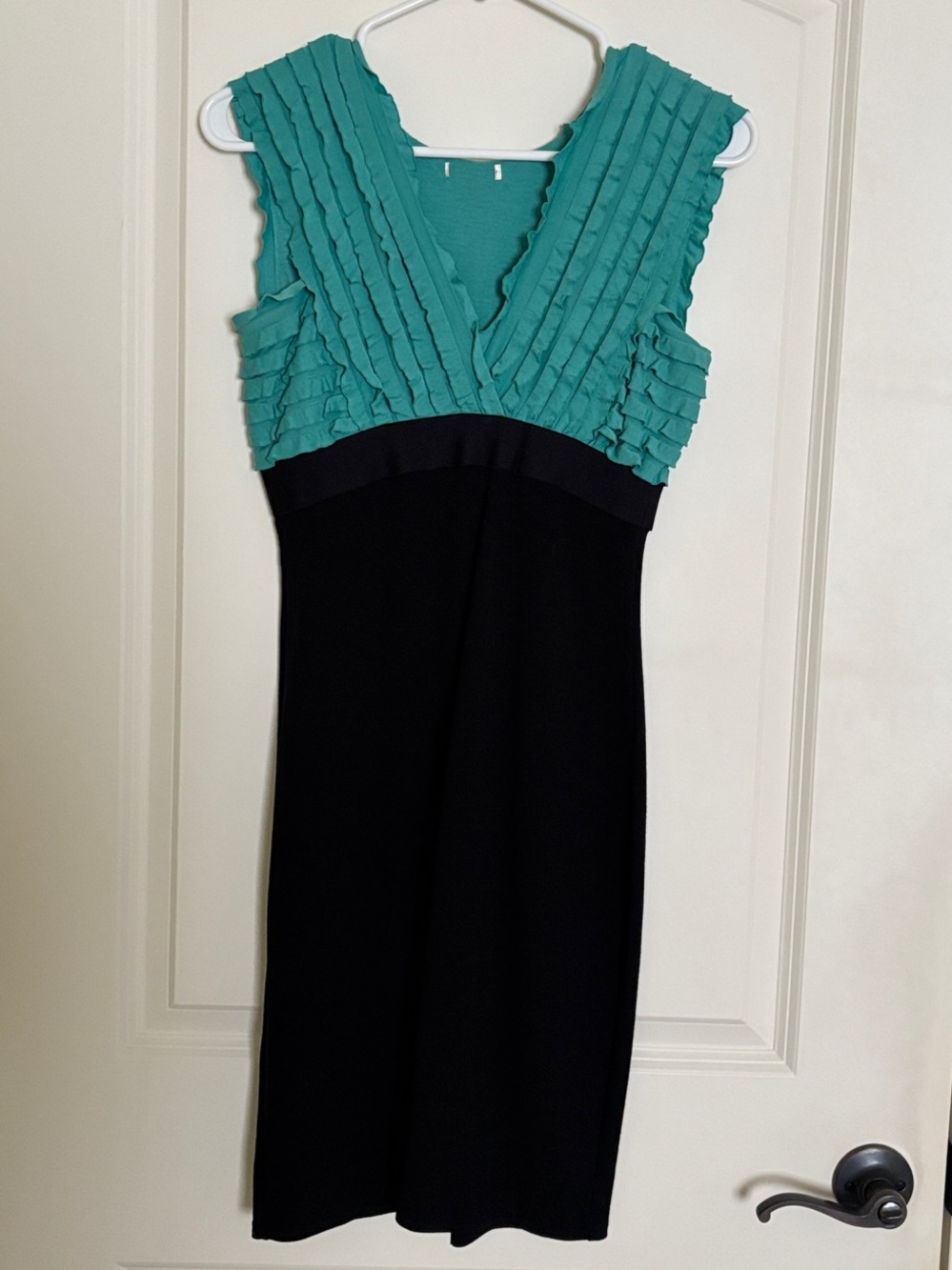 Teal and Black Ruffle V-Neck Sheath Dress